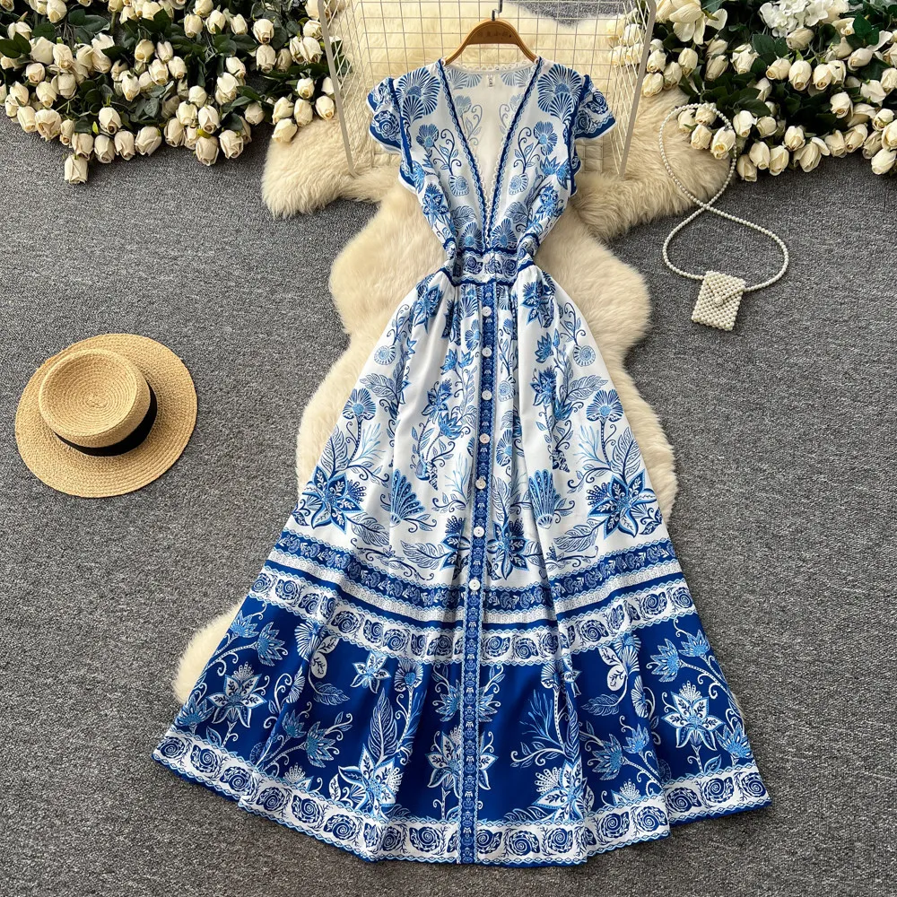 

Women Dresses Print Dress Deep V Neck Sleeveless Single Breasted Ankle Length Cinched Waist Slim Fit Casual Elegant 2026 Summer