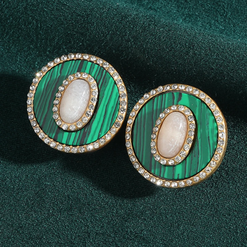 

Vintage Striped Green Malachite Earrings Button Round Woman Natural Stone Gold Color Inlays Rhinestone Elegant Gift New In 2025