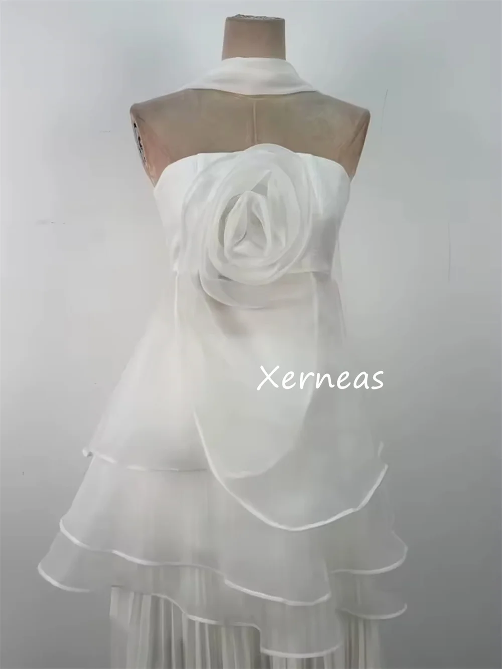 Customized Sparkle Chiffon Pleat Flower A-line Strapless Midi Dresses Bespoke Occasion Party Simple Modern Style