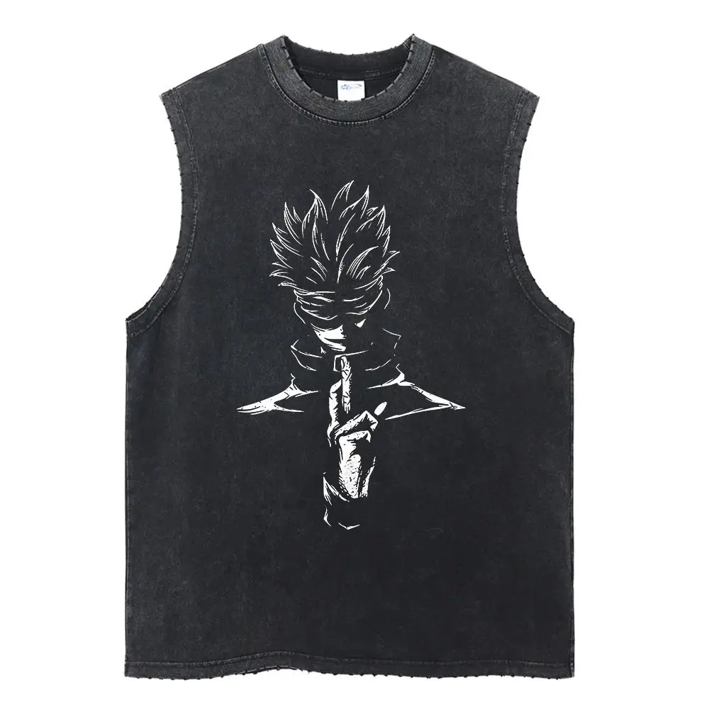 2024 New Vest Summer, Spell Back To War, Anime Printed Cotton Vest Men's Washed Retro Sleeveless T-shirt Ins