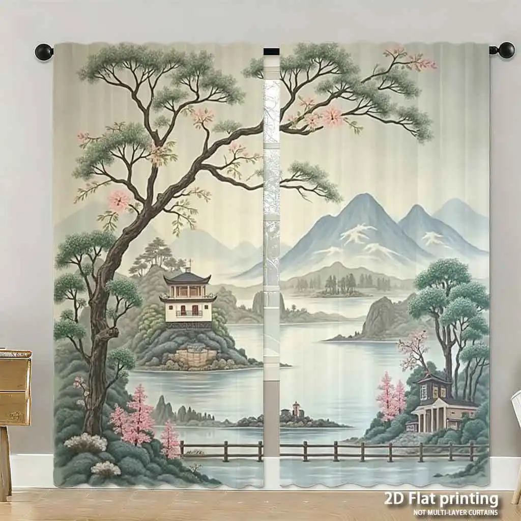 Chinese Landscape Curtain, Ink Wash Mountain Lake Window Drape, Oriental Zen Pagoda Tree Decor, Traditional Asian Style Home