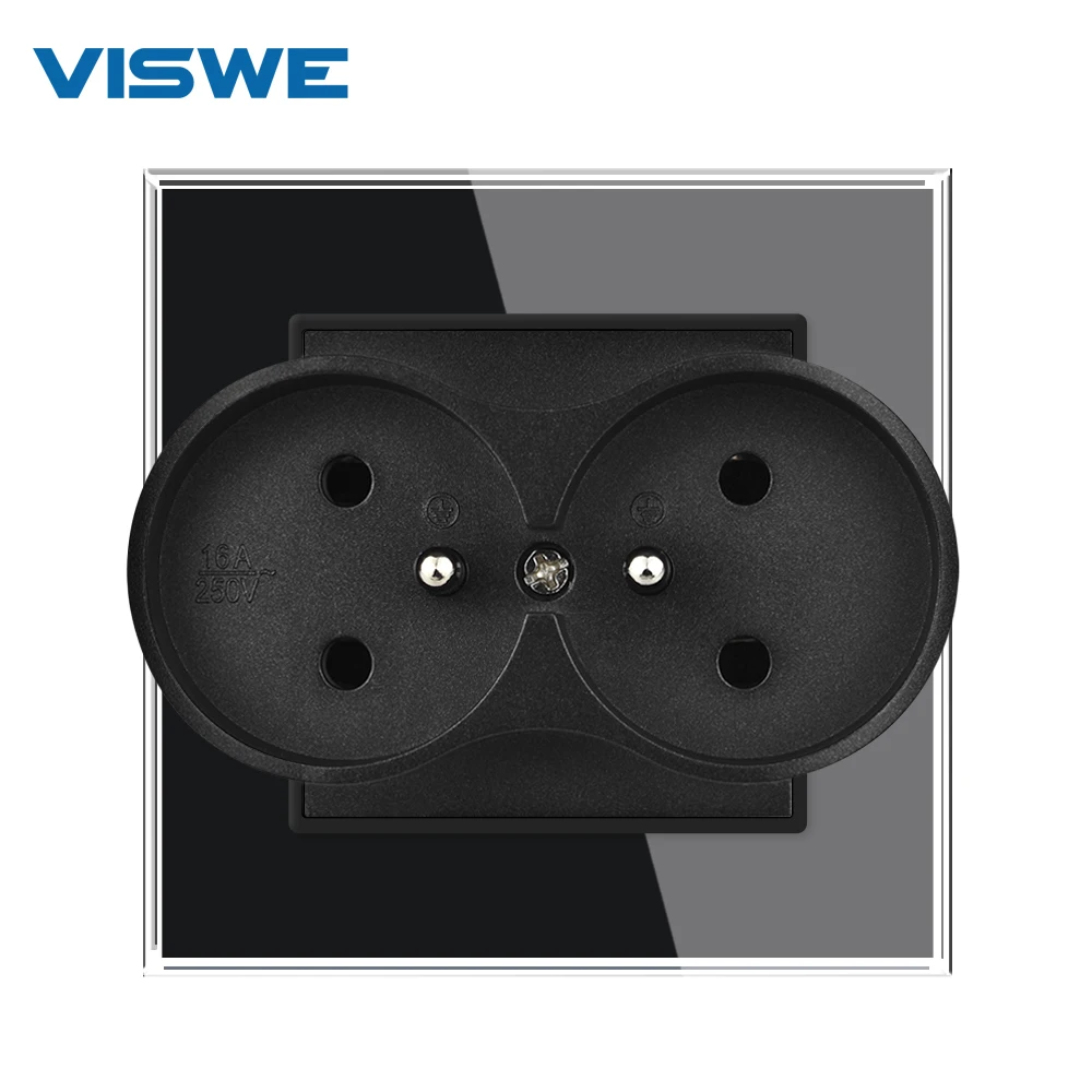 VISWE FR Electrical outlets 16A 250V Crystal Tempered Glass / PC Panel 86*86mm French wall socket with Claws Hook Clips