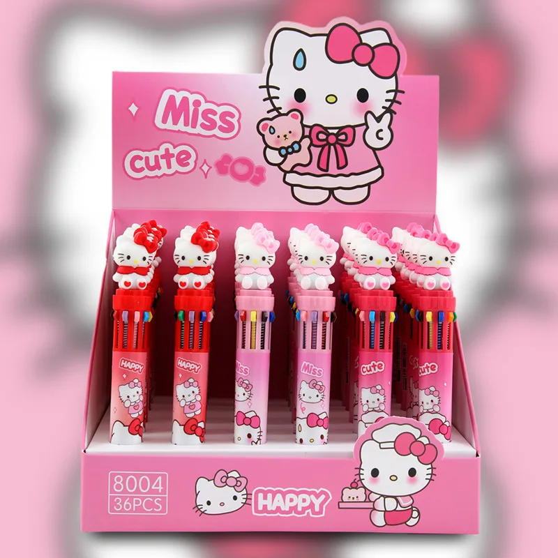 Ballpoint Pen Sanrio Hello Kitty 36pcs New 10-color Cartoon Press Writing Pen 0.7mm School Supplies Stationery Students Pens