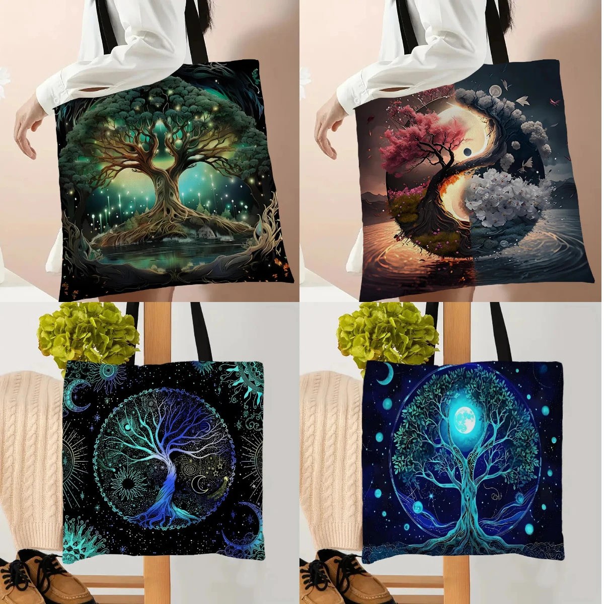 1PC Baum Des Lebens Tarot Tote Schulter Tasche Mond Phase Pflanzen Taschen Lagerung Griff Einkaufstasche Tragbare Supermarkt Tasche Einkaufstasche