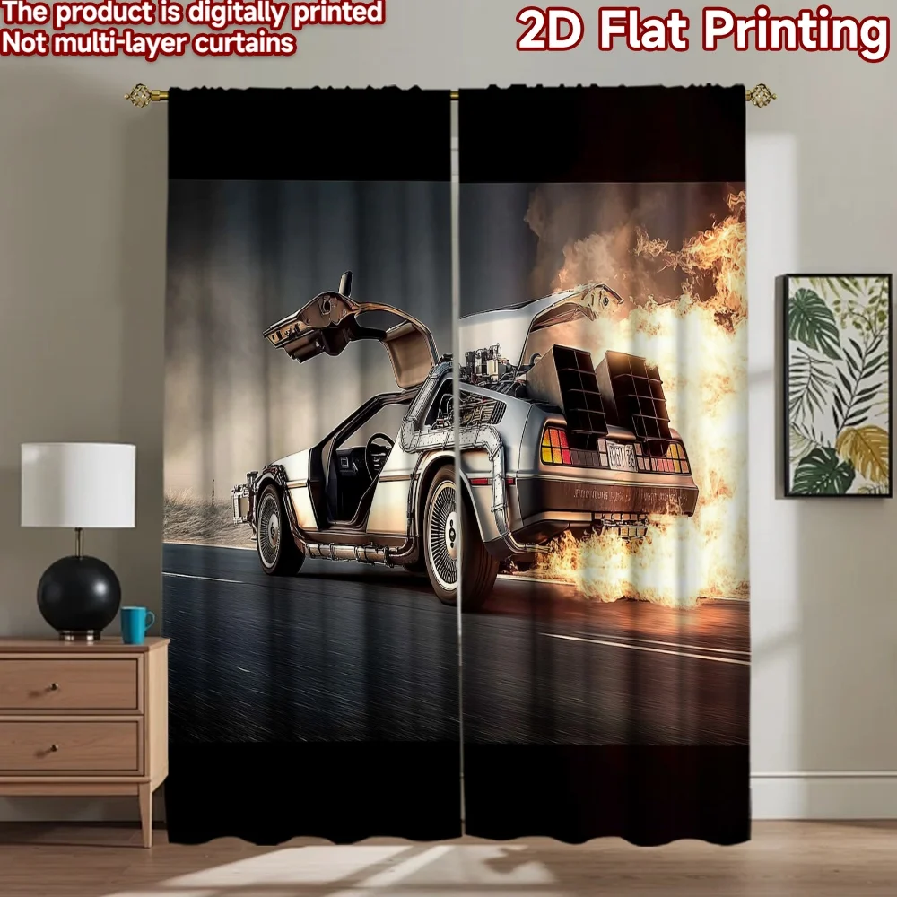 2D flat 2pcs Curtain Home Short Curtains Flaming Time Travel Car Durable polyester fiber Family Party Decoration Use for Indoor