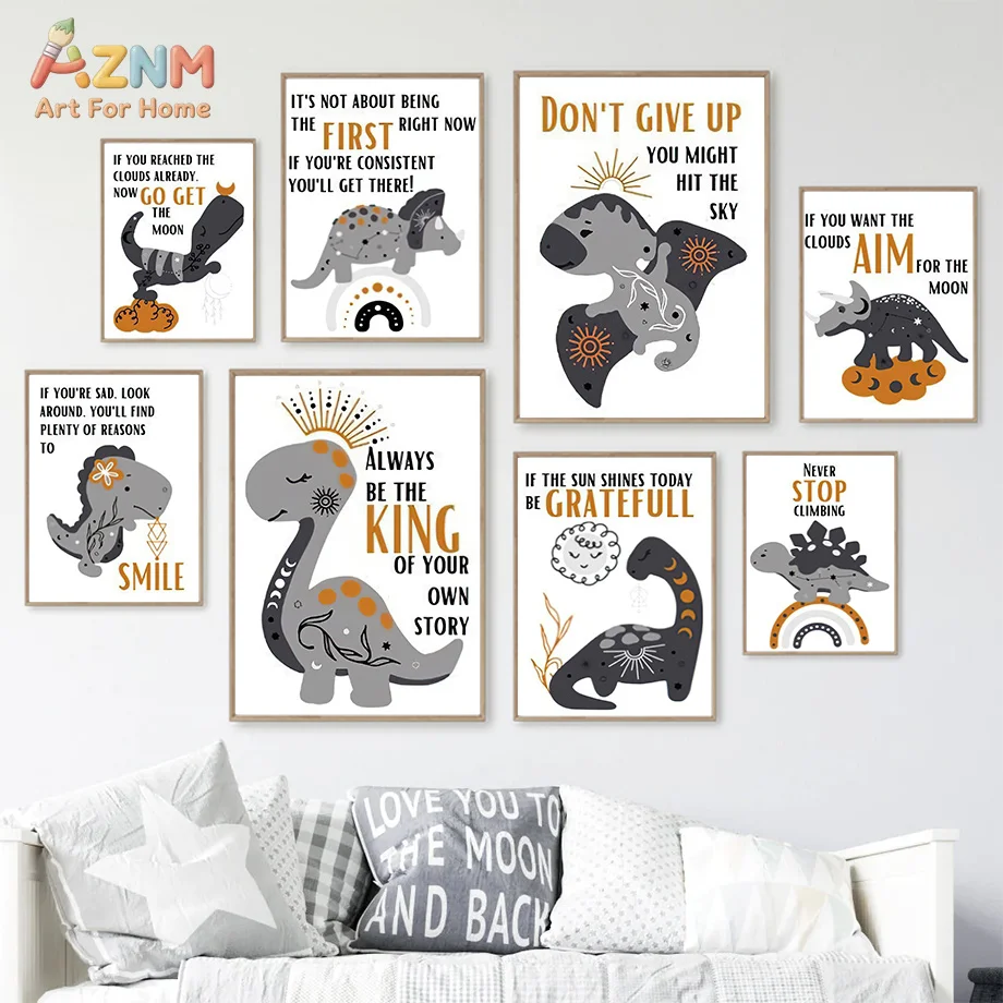 AZNM Boho Dinosaur Canvas Wall Art Neutral Gray Orange Dino Positive Inspirational Quote Rainbow Moon Kids Bedroom Unframed Canv