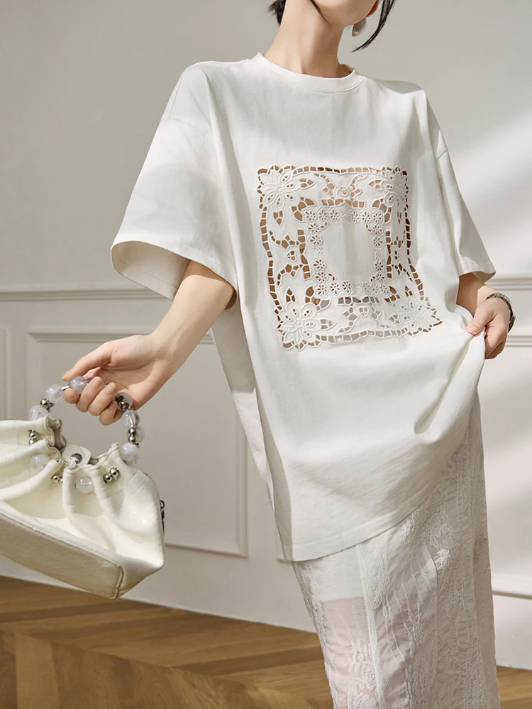 Women Vintage Embroidery T Shirt White Oversized Tee Hollow Floral Lace Detail Loose Fit Casual Summer Tops