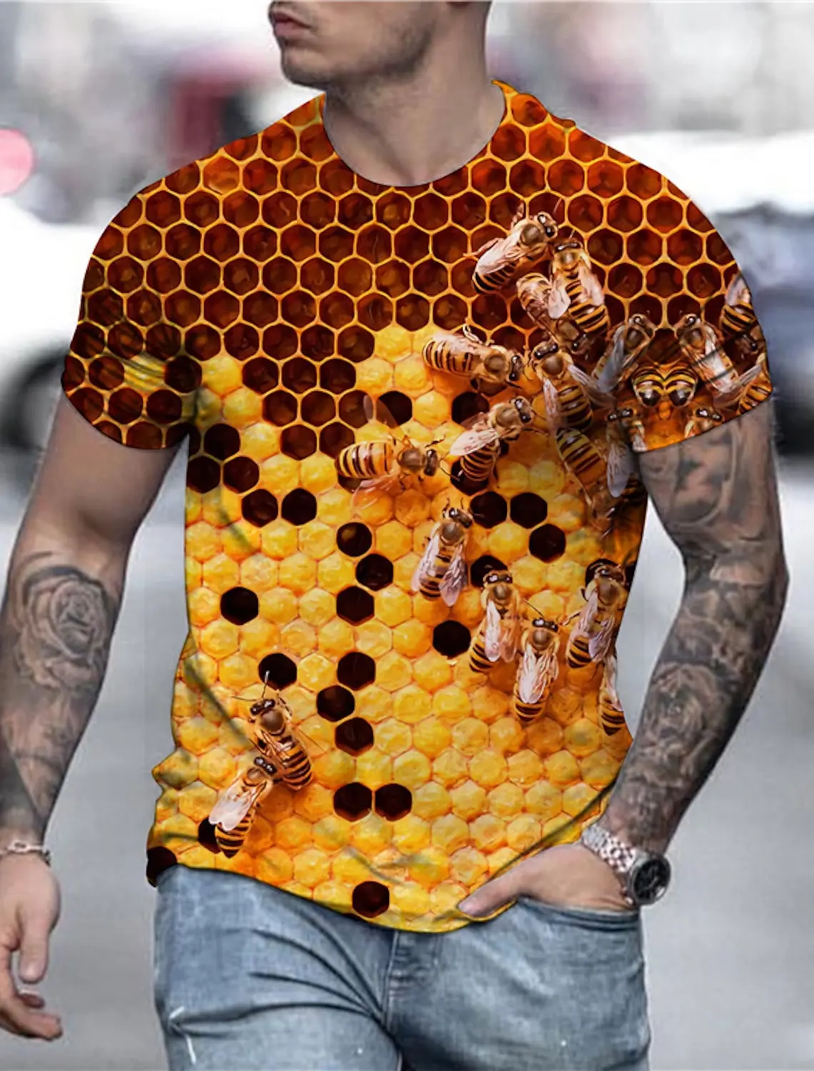 Men\'s T-Shirts Funny Bee Pattern 3D Print Tops Tees 2024 Summer New Women Streetwear Fashion Oversized T Shirt Men Clothing