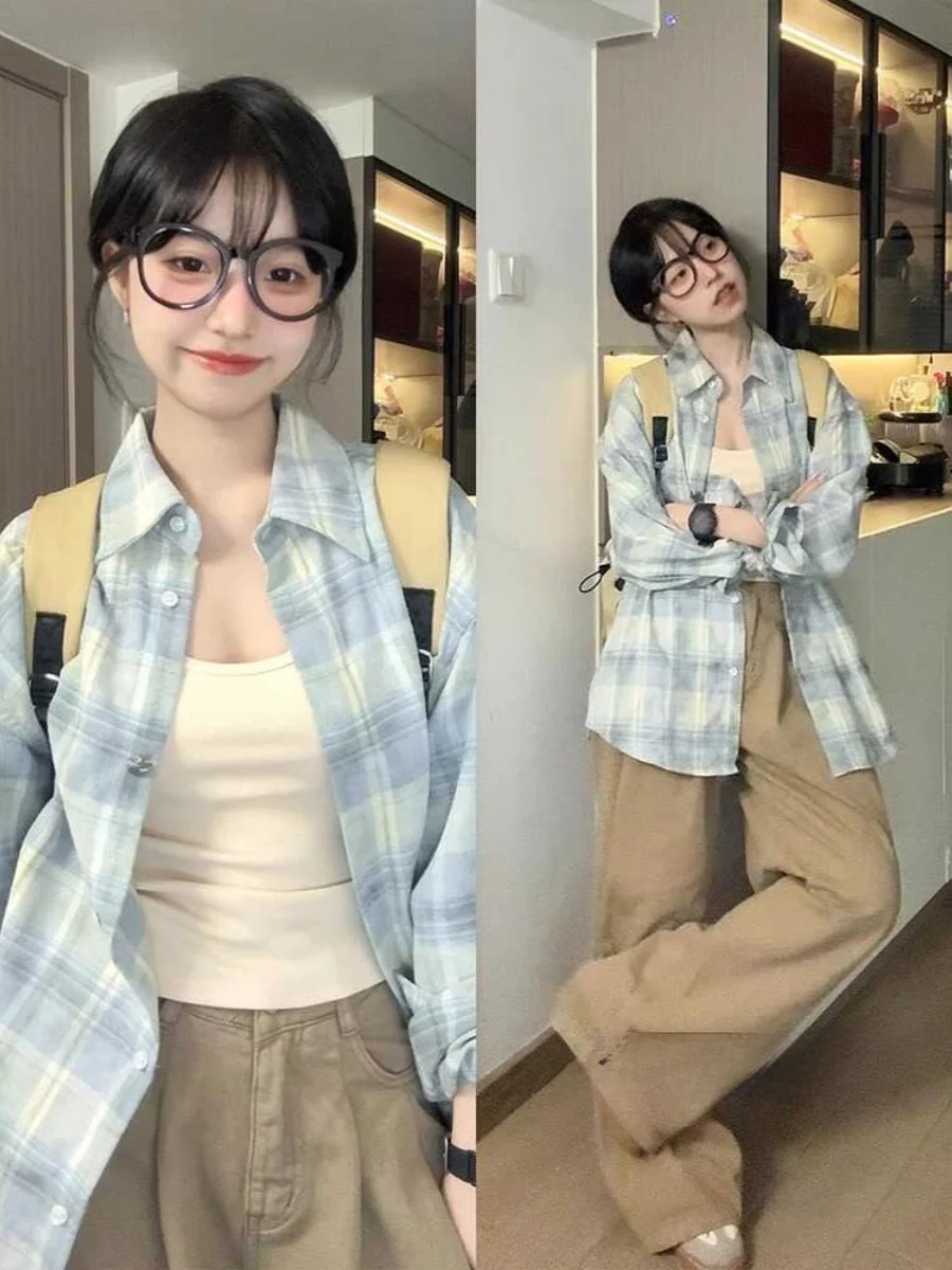 

Голубая клетчатая женская зимняя тонкая верхняя одежда средней длины, солнцезащитный кардиган, корейский длинный воротник све