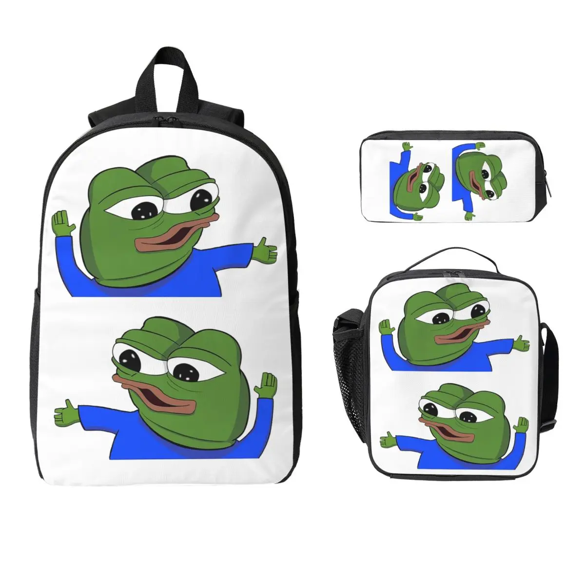 Pepe The Frog Peepo Emote Backpack Student Boy Girls BookBag School Bag Laptop Shoulder Bags 3ps Insulated Lunch Bag Pencil Case