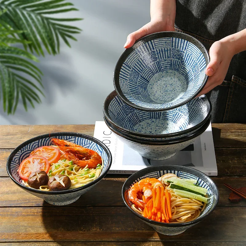 Japanese Ramen Bowl Sea Ripple Hat Bowl Creative Large Soup Commercial Beef Noodle  Household Retro