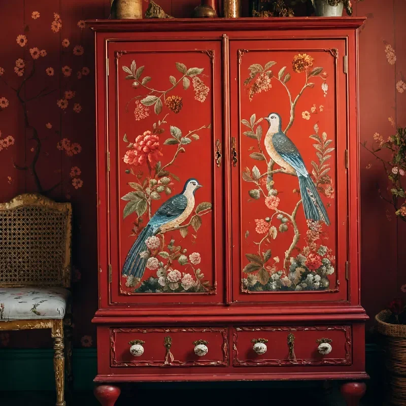 European Retro Red Wardrobe with Flower and Bird Painted Design Simple Solid Wood Locker Clothing Cabinet Quilt Storage