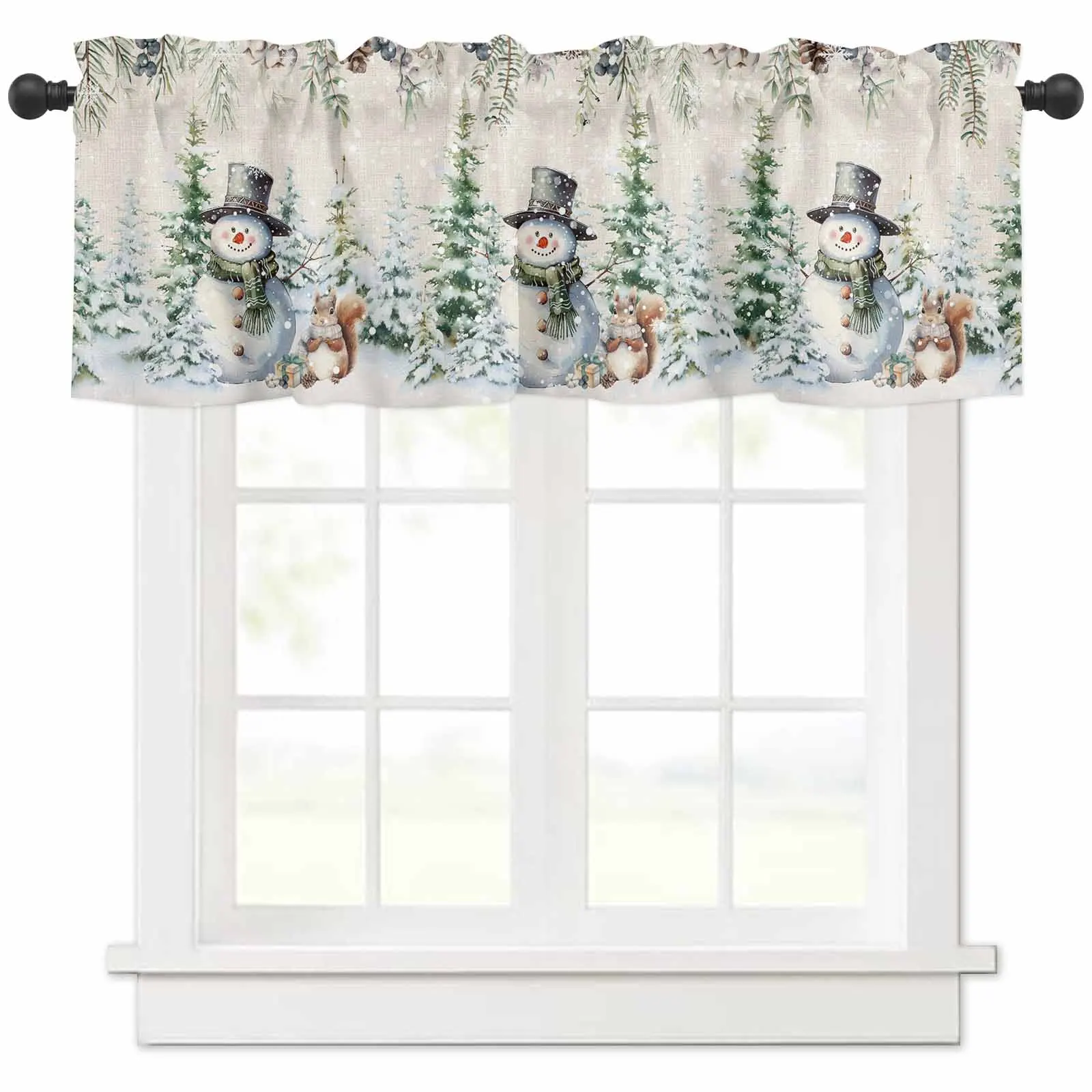 Christmas Snowman Berry Pine Christmas Tree Squirrel Short Curtains Kitchen Cafe Wine Cabinet Door Window Curtains Home Decor