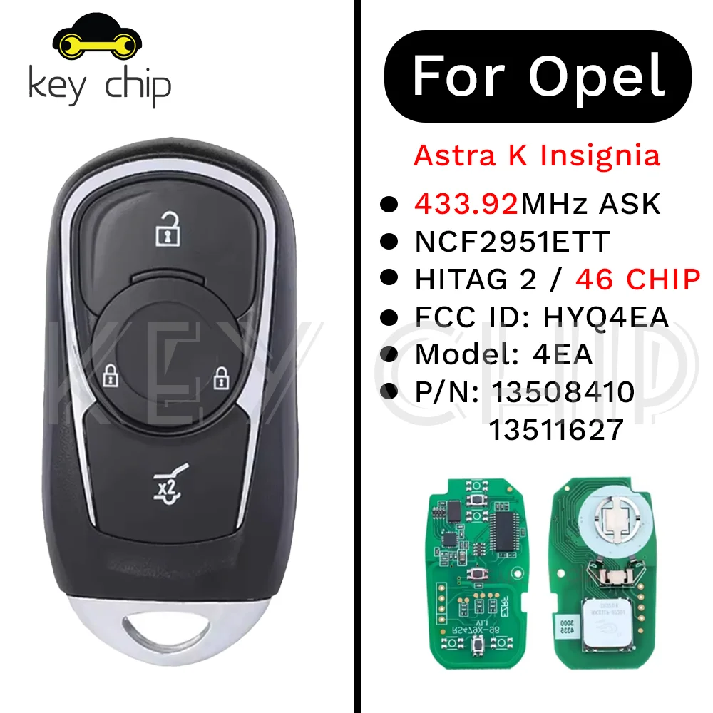 

for Opel Astra K Insignia 2016-2022 Smart Remote Key Fob 2 3 Buttons 433MHz ID46 ChipHYQ4EA 13508410 13511627 13508410
