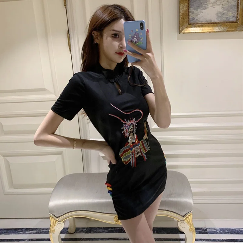 

New Improved Vintage Embroidery Chinese Style Cheongsam Black Oriental Modern Traditional Qipao Girl Sexy Short Dress