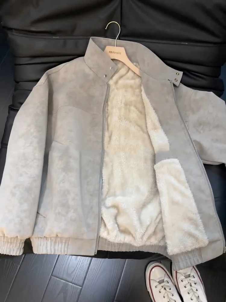 

American Dyed PU Leather Cotton Jaet Men's Fce Lined Thiened Stand Collar Motorcycle Bomber Jaet Cold Proof Warmth W...