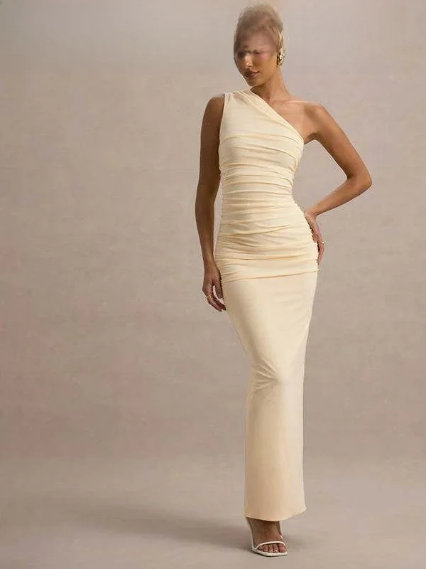 

Slim Fit oulder Dr for Women Slanted oulder Evening Gown Waist Cinched Long Skirt High Waist No Sve Color