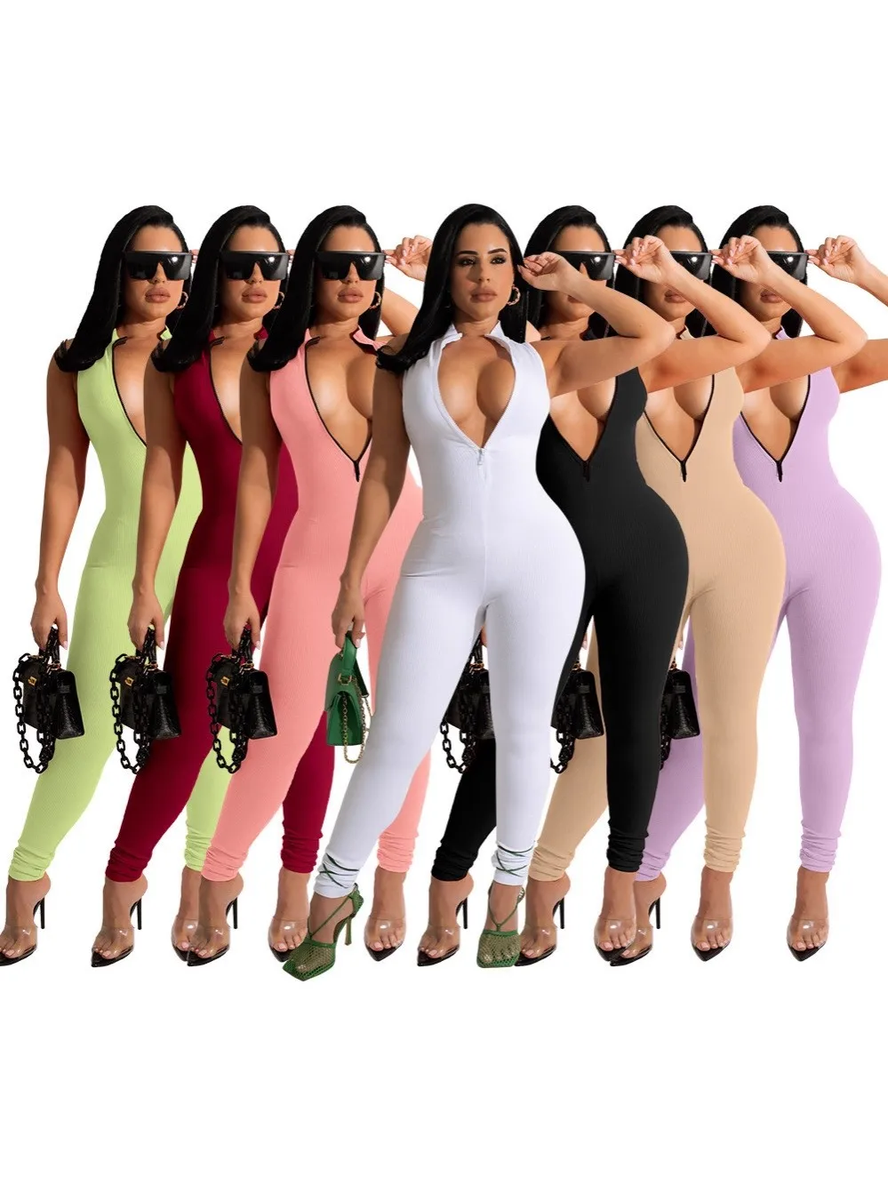 

Spring Women's Clothing Stretch Ribbed Zip Jumpsuit Candy Colors Capri Sleeveless Workwear Polyester Wide Leg Jumpsuit For Women