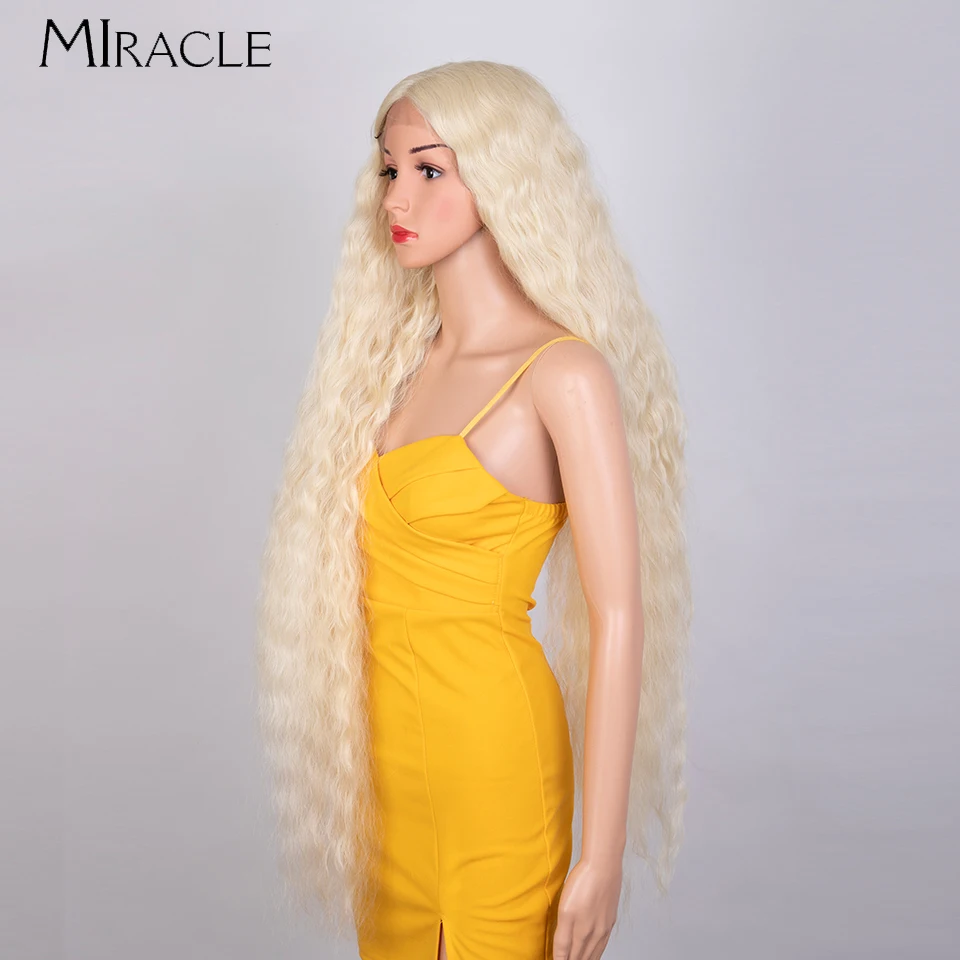 MIRECLE-peluca sintética con malla frontal para mujer, falso pelo rizado, peluca de encaje de fibra de 41 pulgadas, Cosplay, colores Rubio, rojo y