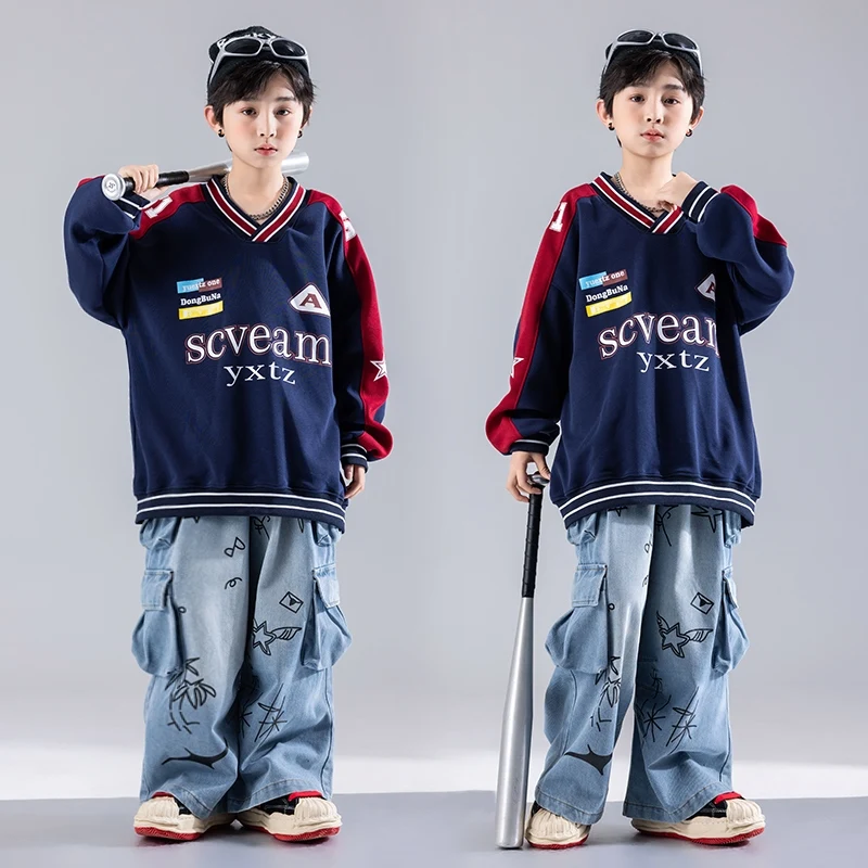 Boys Girls Hip-hop Clothes Street Jazz Dance Costume Long Sleeve Top Jeans Cargo Pants Suit Stage Outfit Catwalk Wear DQL10060