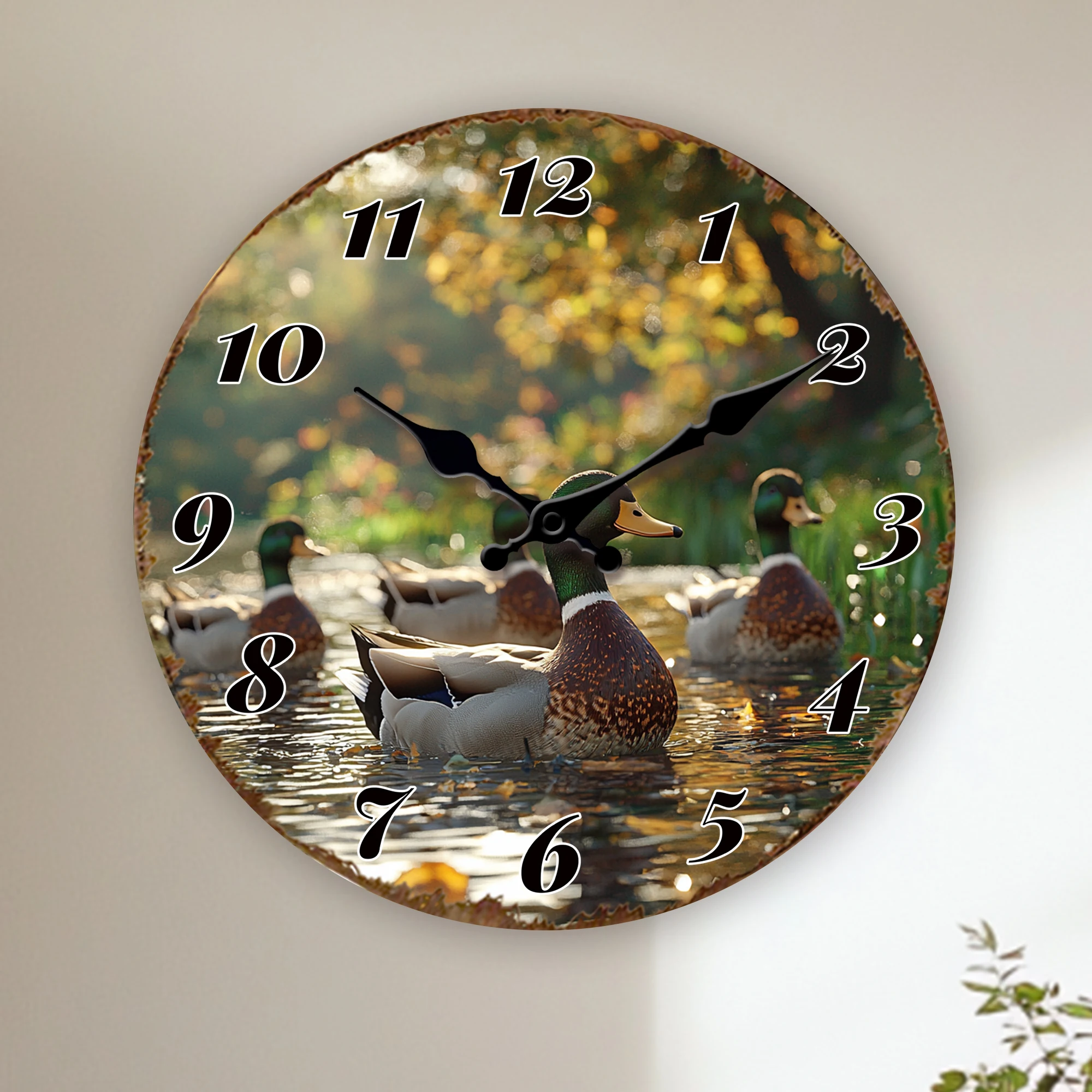 Ducks in Pond Scenery Decorative Round Wall Clock, Nature-Inspired Home Decor, Silent Non-Ticking Quartz Clock with Beautiful La