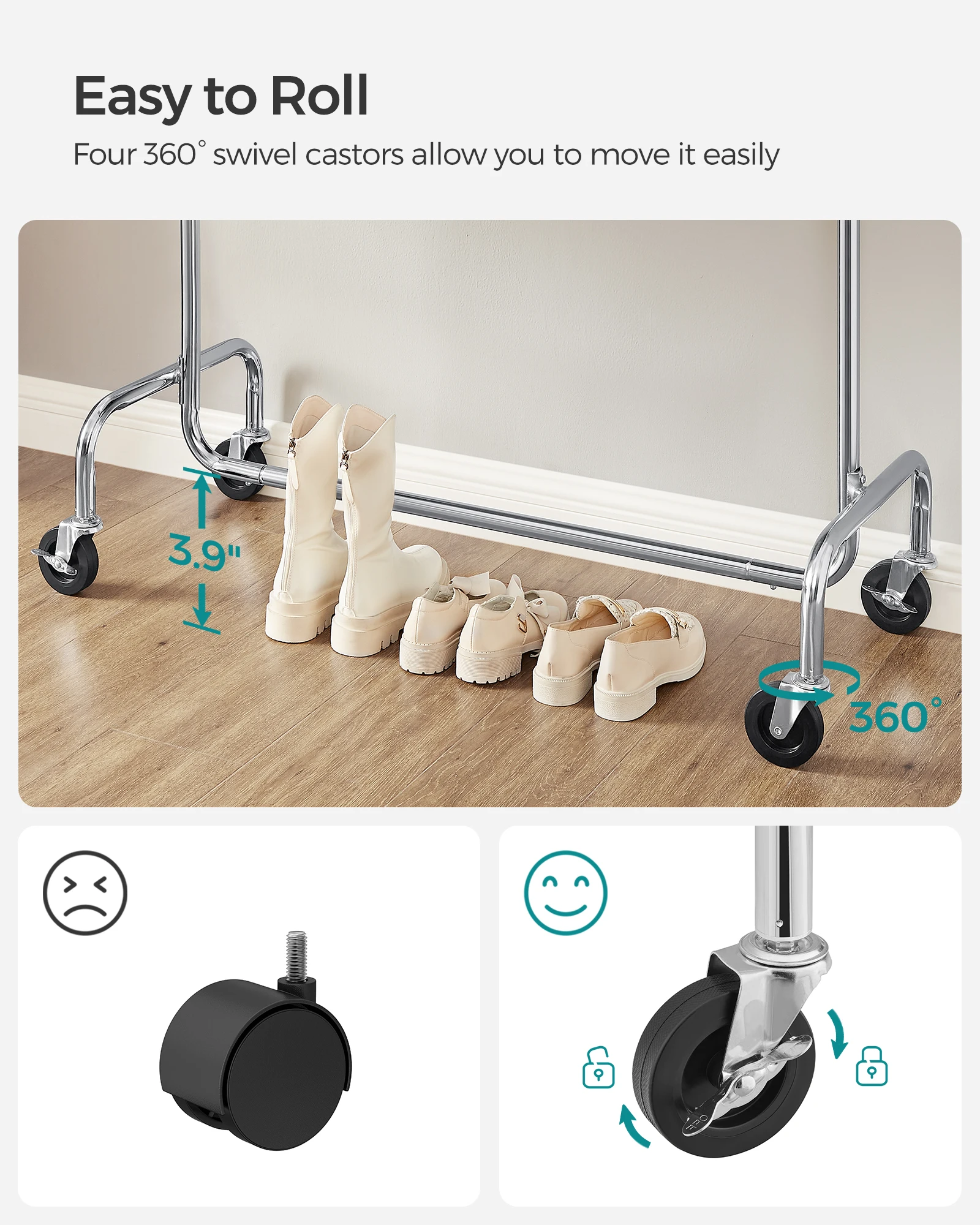 SONGMICS Clothes Rack with Wheels, Heavy-Duty Garment Rack with Extendable Rod, 286.6 lb Load Capacity