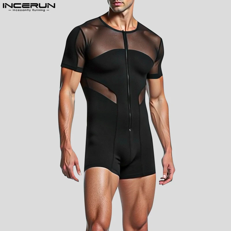 

INCERUN American Style Stylish Rompers Men Mesh Splicing Jumpsuits Sexy Male Hot Sale See-through Short Sleeved Zipper Bodysuits