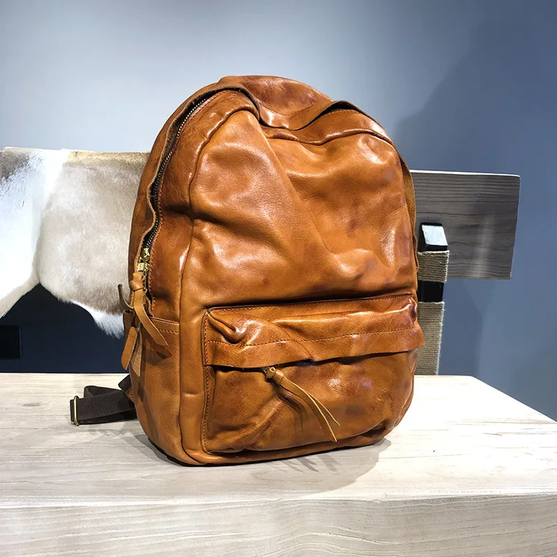 High quality genuine leather men's outdoor travel backpack handmade luxury natural real cowhide women's bookbag designer bagpack