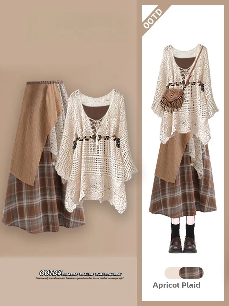 

Large Size Spring Post-Aalyptic Plaid Skirt Set Women's Hollow out Cover up with Strap Design Tee Piece Set