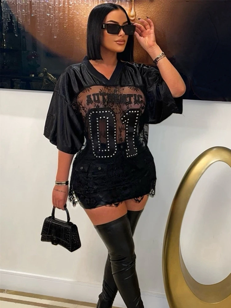 

Nibber Loose Jacquard Letter Print T-Shirts Women V-Neck See Through Backless Short Sleeve Y2K Sexy Trend Streetwear Tops