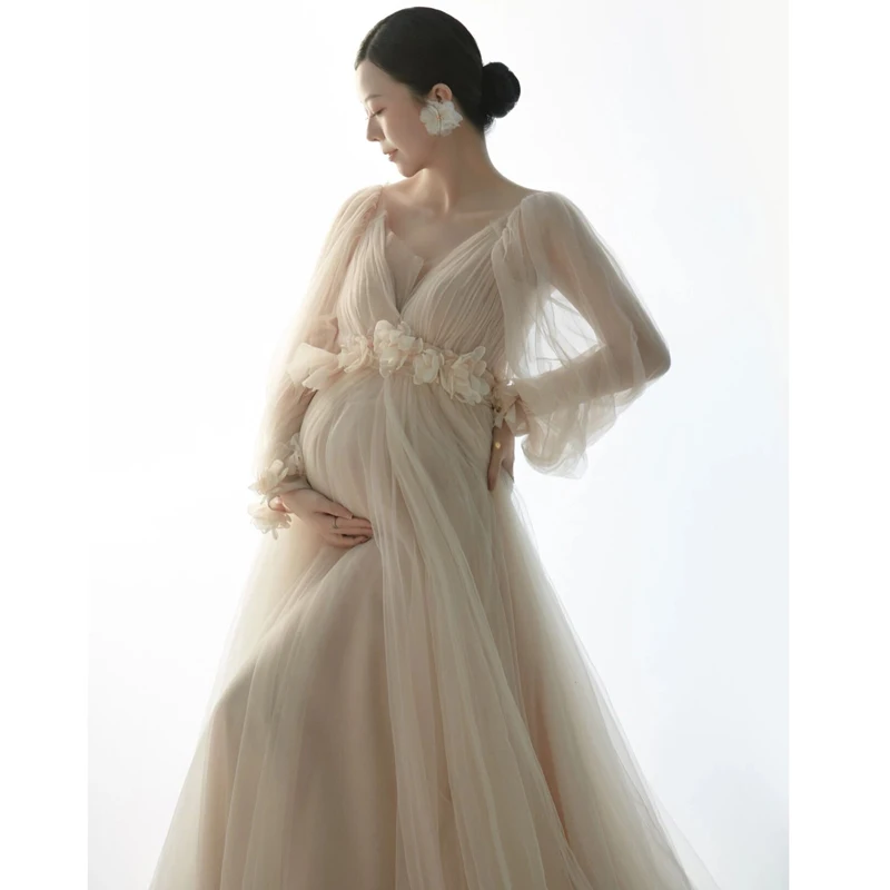 Pregnant Women's Photography Dresses Champagne Mesh High End Maternity Dress One Line Neck Long Sleeve Elegant Pregnancy Dress