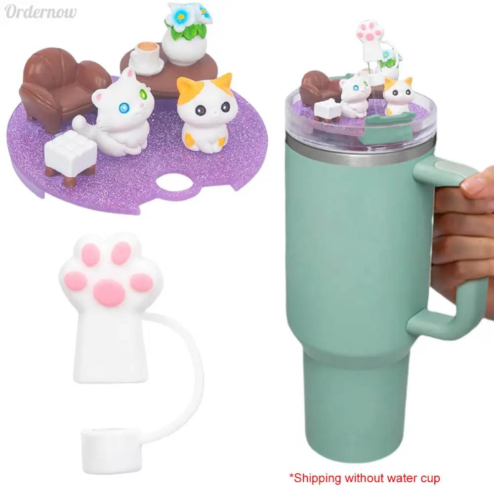 Dijes de tapa acrílica de gato con adorno de paja de pata de gato, decoración superior de taza de repuesto para vaso Stanley de 40oz con asa