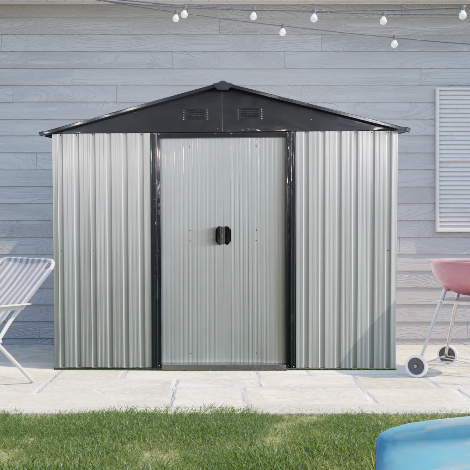 Cobertizo de almacenamiento de metal para exterior con puerta corredera para patio trasero - Blanco/Negro