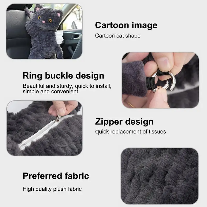 Cartoon Black Cat Plush Car Tissue Holder Hangable Auto Mounted Napkin Holder 2 In 1 Car Tissue Box And Trash Can Organizer