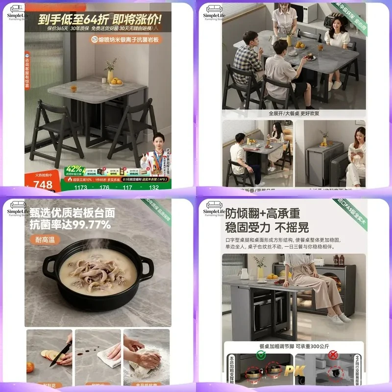 Modern Luxury Folding Dining Table Set Rock Slab Top Solid Wood Telescopic Extendable Kitchen Furniture for Small Apartment