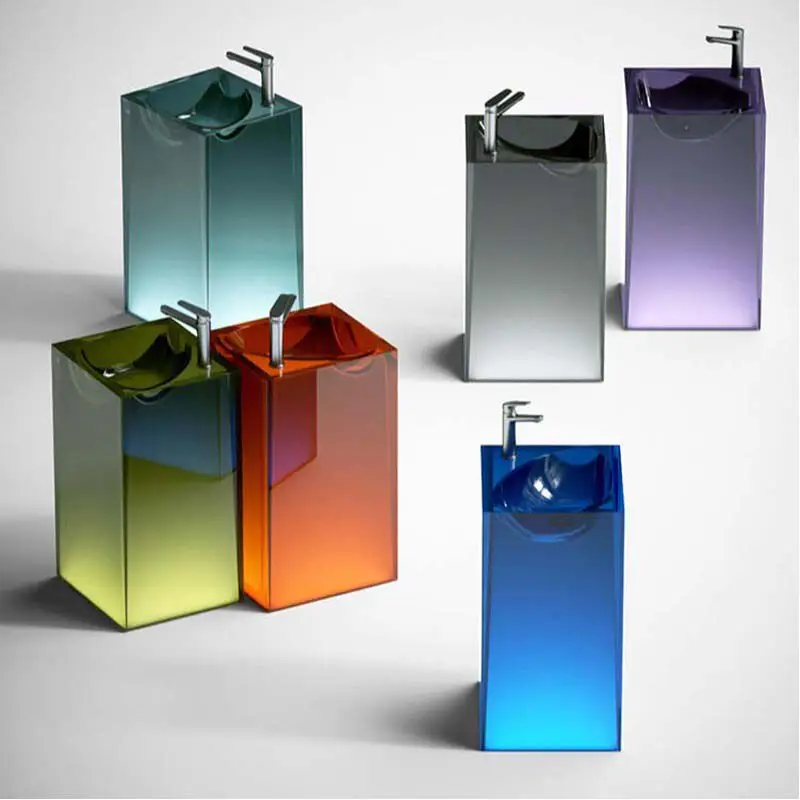 Colored transparent resin crystal column basin, square integrated floor standing hotel bathroom washbasin