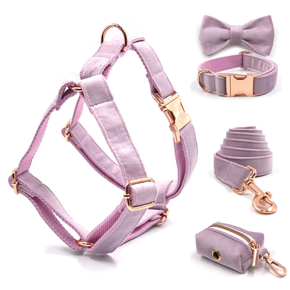 Pink Purple Velvet Luxury Dog Harness and Leash Set Personalized Designer Collar for Dogs Safety Rose Gold Buckles Pet Leash Kit