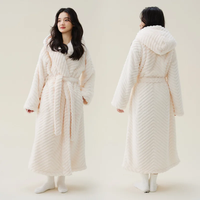 

Thick Women Warm Bathrobe Solid Hooded Warm Ladies Dressing Gown Long Sleeve Flannel Bath Robe For Female
