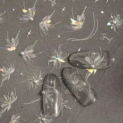 5D translucent nail stickers high quality embossed pure white dahlia pearl shiny rhinestone gradient manicure decorative sticker