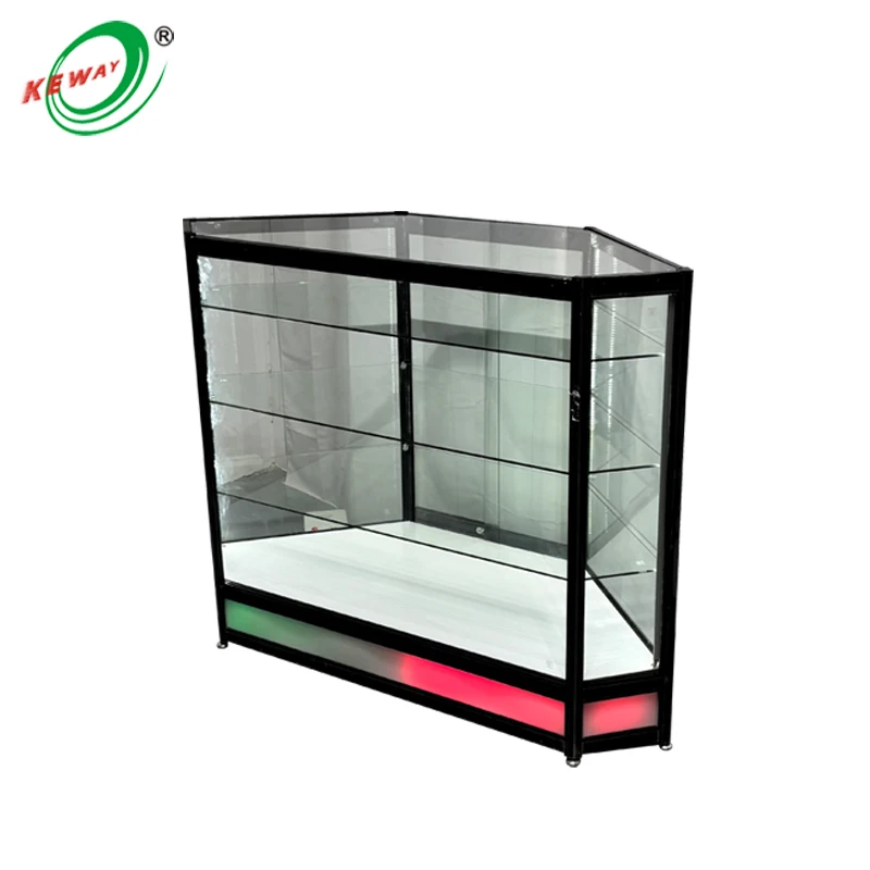 custom.LED Aluminum Frame Corner Showcases with Tempered Glass and Color Lighting Smoke and Jewelry Stores
