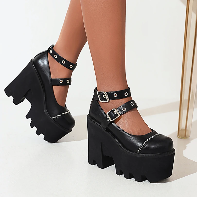 Ultra High Waterproof Platform Double Row Metal Belt Buckle Hollowed Out Pumps Metal Zipper Button Nail Punk Style Sponge Shoes