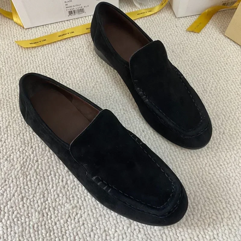 2024 Simple Minimalist Imported Real Leather Shoes Cow Suede Retro Loafers for Women