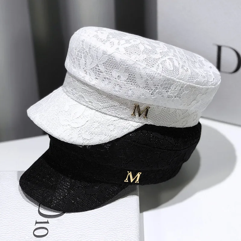 Womens Lace Beret Hat Summer Sun Protection Japanese British Style Hollow Out Eight Panel Cap with M Logo Trendy Design