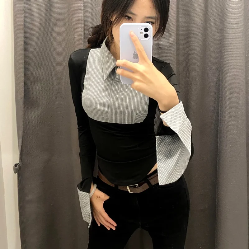 Long Sleeve Slim Tshirts Women Contrast Color Casual Crop Tops Streetwear Cozy Buttons Temper All-match Chic Y2K Skin-friendly