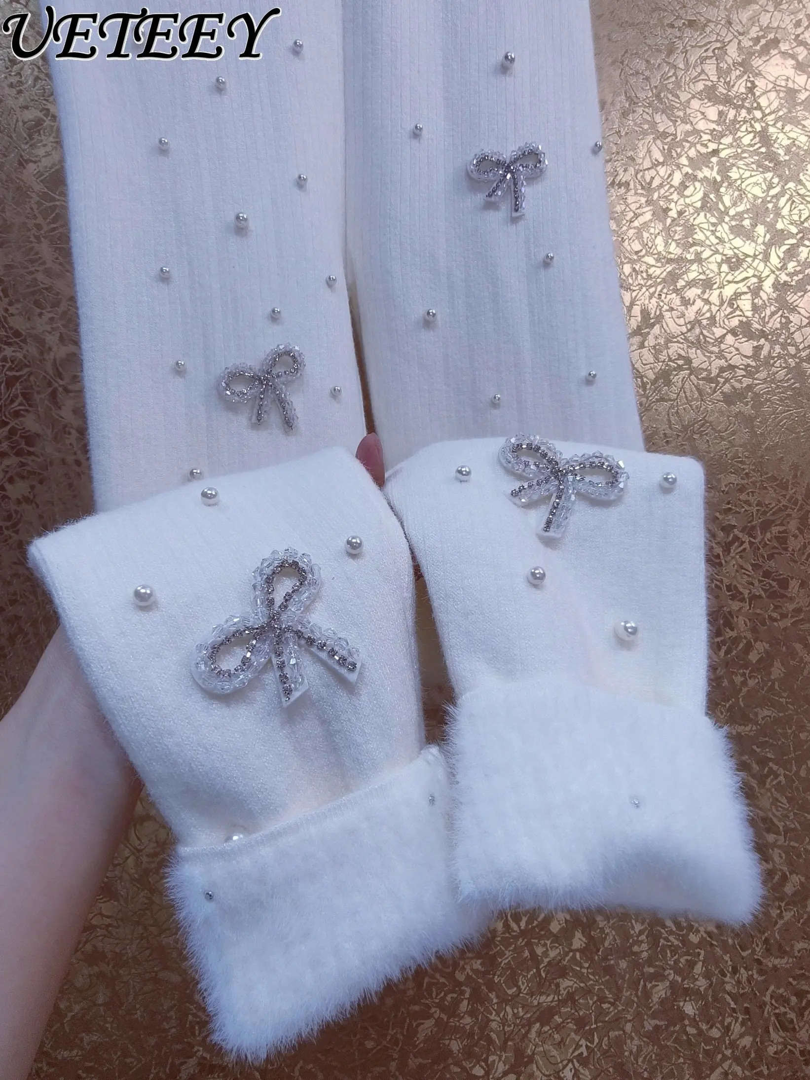 

Элегантные утепленные леггинсы с 3D-бабочками из страз и бисера, на флисовой подкладке, зимние, новые, милые, вязаные брюки