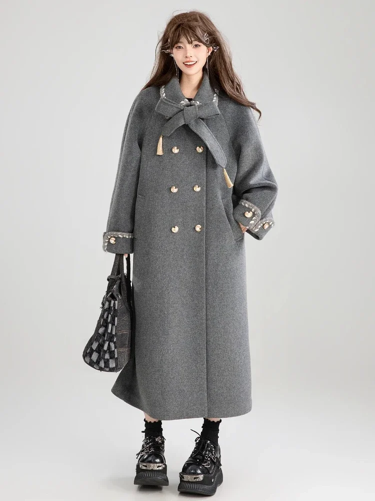 Lazy Casual Sweet Cool Lace-up Gray Woolen Coat Lapel Bow Double Breasted Loose Versatile A-line Long Wool Jackets Women Winter