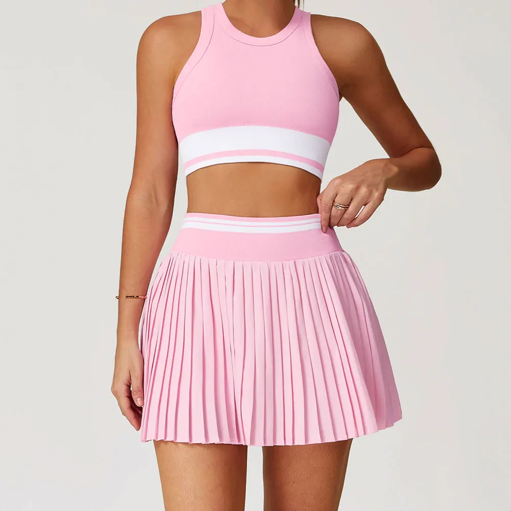TOP 2 Pieces Sets Sport Fitness Vest High Waist Yoga Short Skirt Suits Seamless Women's Color Blocked Workout Clothes Gym Set