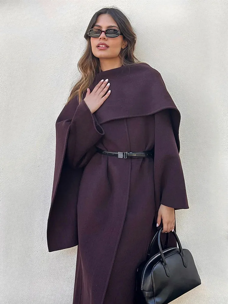 Scarf Collar Solid Color Fashion Woman Loose Long Coat Elegant Burgundy Full Sleeve Lace Up Overcoat 2025 New Lady Commuter Wear