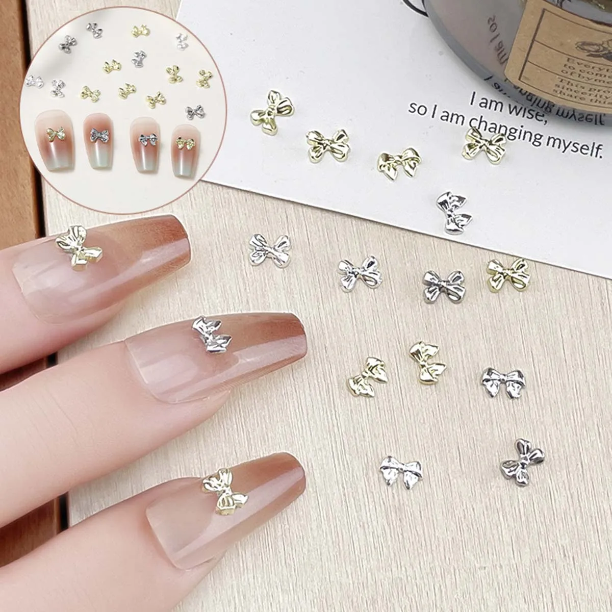 100pcs/lot Gold/Silver 3D Hollow Bow Tie Shape Shiny Nail DIY Decorations Metal Nail Art DIY Decorations Accessories