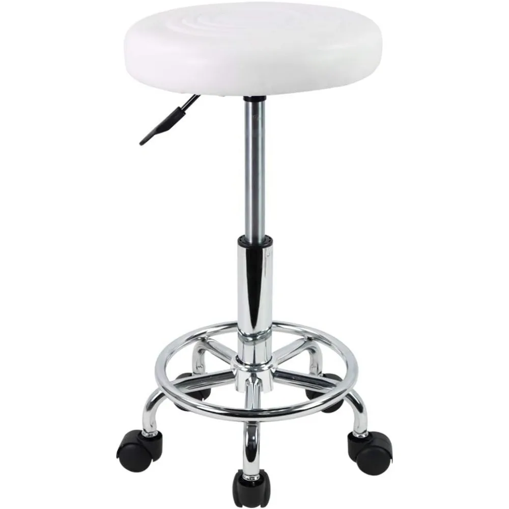 

Height Adjustable White PU Leather Rolling Stool with Footrest for Spa Salon Tattoo Massage